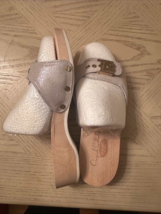 Dr. Scholl's Shoes - Dr.Scholl’s  White Textured Leather Slide Clogs with Metallic Accent